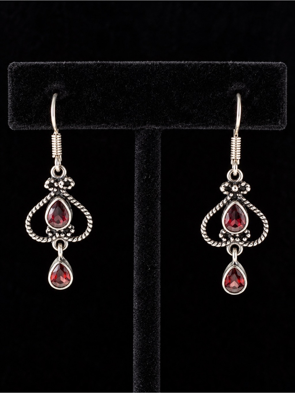 Garnet Teardrop Dangle Earrings in Silver-Tone Setting